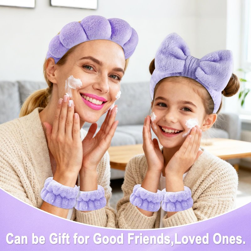 Zkptops 5Pcs Spa Headband for Washing Face Wristband Set Sponge Makeup Skincare Terry Cloth Bubble Soft Hairband Claw Clips for Thick Hair Puffy Padded Headwear Non Slip Hair Accessory (Purple)