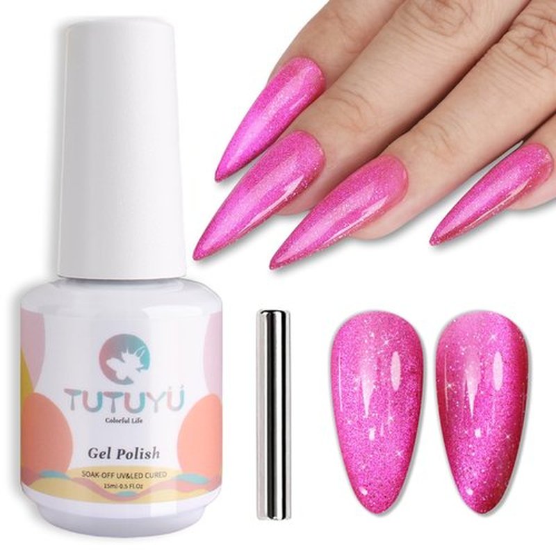 TUTUYU Pink Cat Eye Gel Nail Polish,Iridescent Quicksand Galaxy Holographic Pink Cateye Gel Polish with Magnet, fuchsia Gel Shimmer Velvet Soak Off Uv Led Home Diy Manicure - GP0105