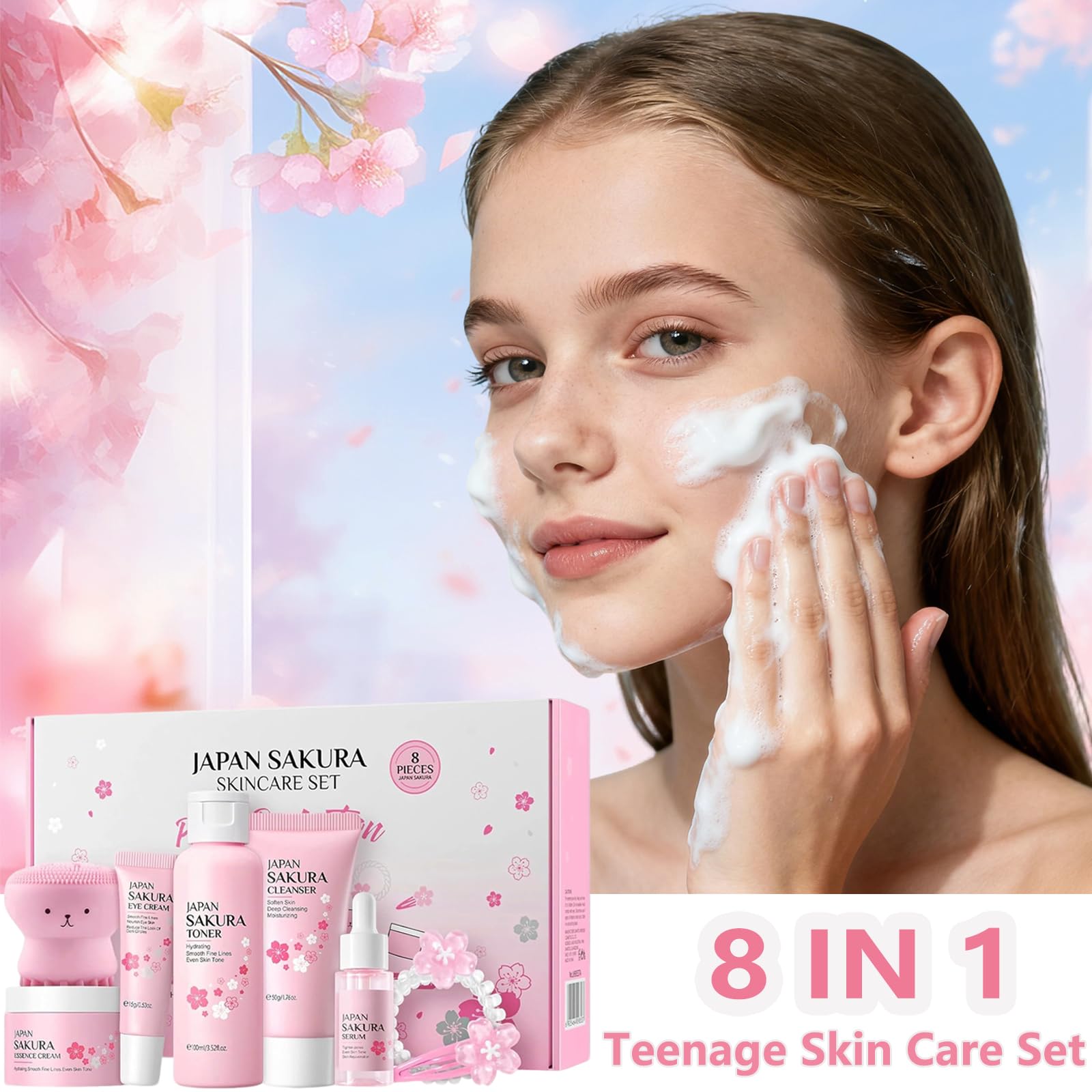 Skin Care Set for Teens Girls,Cherry Blossoms Skincare for Girls 10-12,Hydrating Face Skin Care Kit with Cleanser,Toner,Serum,Eye Cream,Face Cream,Galentines Gifts,Bulk Gift,Valentines Day Gifts