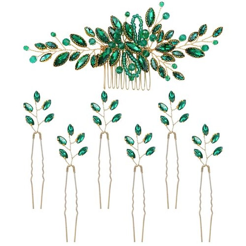Dizila 7 Pieces Emerald Green Crystal Bead Party Prom Wedding Bridal Vine Leaf Hair Side Combs + Rhinestone U-shaped Hair Pins Headpieces for Brides Bridesmaids Women Girls