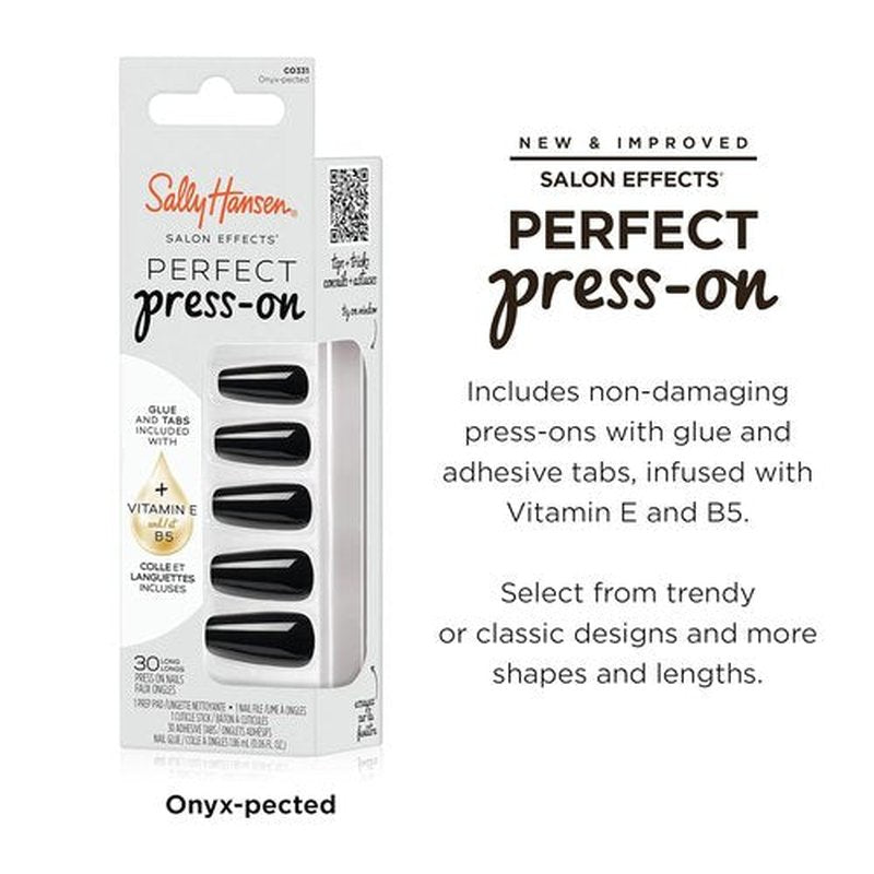 Sally Hansen Perfect Press-On Nails - Coffin Shape, Easy Application | 30 Nails, Glue & Adhesive Tabs | Onyx-Pected