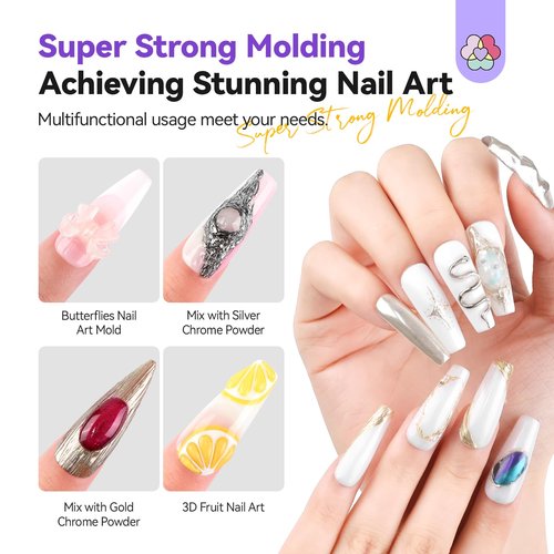 SAVILAND SSPro X 3D Nail Gel Kit: 15g No Wipe Clear 3D Sculpting Gel for Nail Art Design Molding Carving Drawing Sculpture and Decoration with Chrome Powder Silicone 3D Molds Home Salon DIY Nail Art