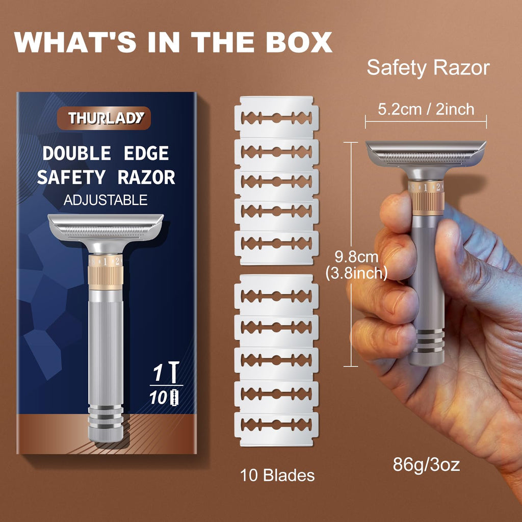 THURLADY Double Edge Safety Razor, Single Blade Razors for Men, with 10 Platinum Coated Swedish Safety Razor Blades, Sustainable, Close and Smooth Wet Shaving, Adjustable Blade Angle, Matte Silver