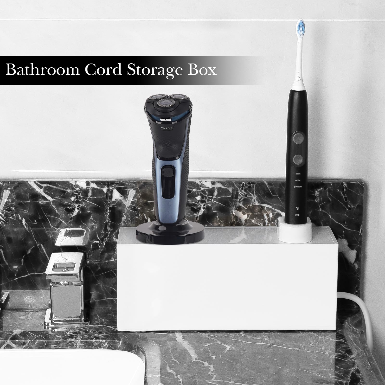 Linkidea Acrylic Cable Organizer Box for Bathroom Countertop, Cord Management for Electric Toothbrush & Razor Chargers, Fits 1-2 Small Charging Heads Only (White)