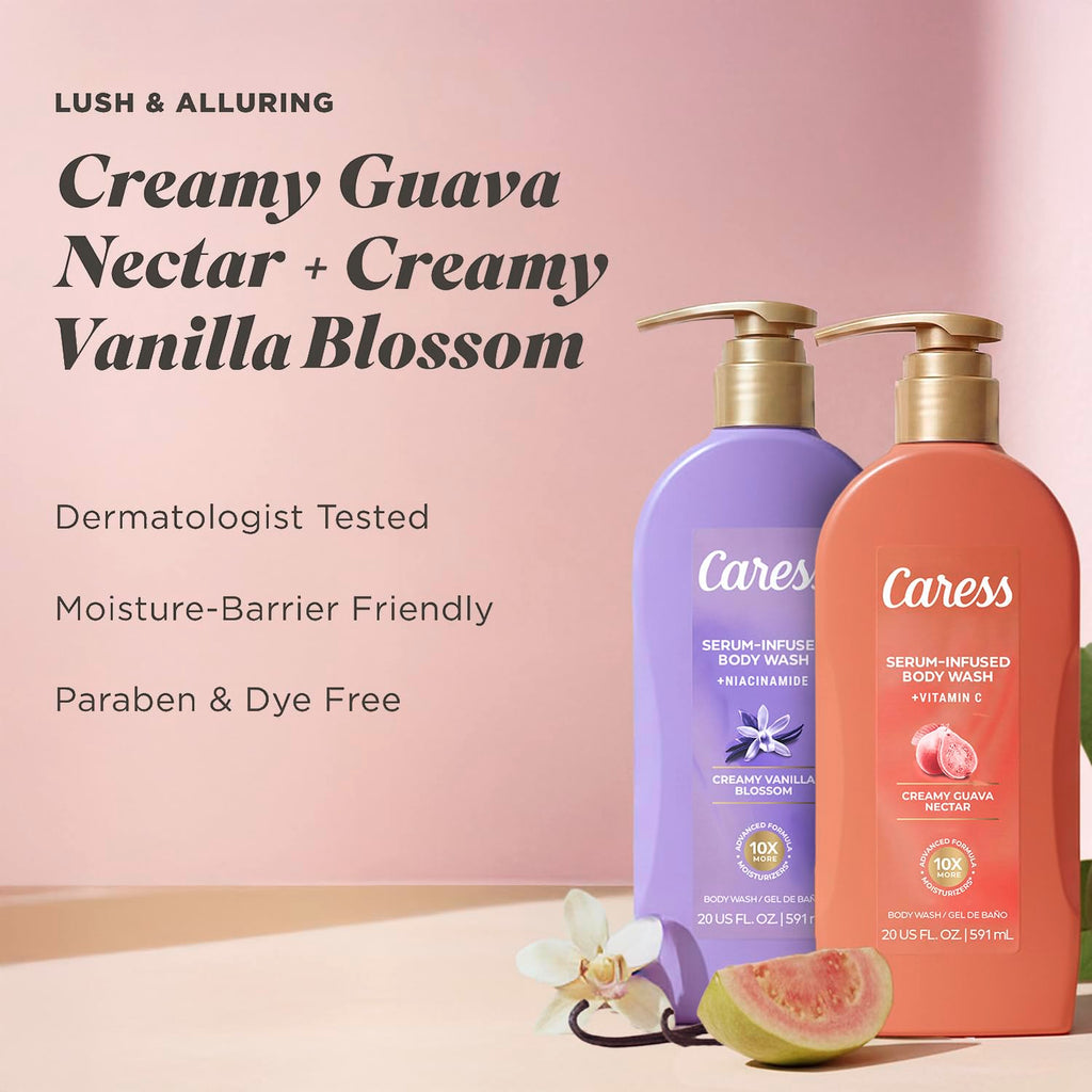 Caress Body Wash Creamy Vanilla Blossom & Creamy Guava Nectar Variety 2-Pack – Moisturizing Body Washes with Long-Lasting Fragrances, Self-Care Gifts for Women, 20 Oz Ea