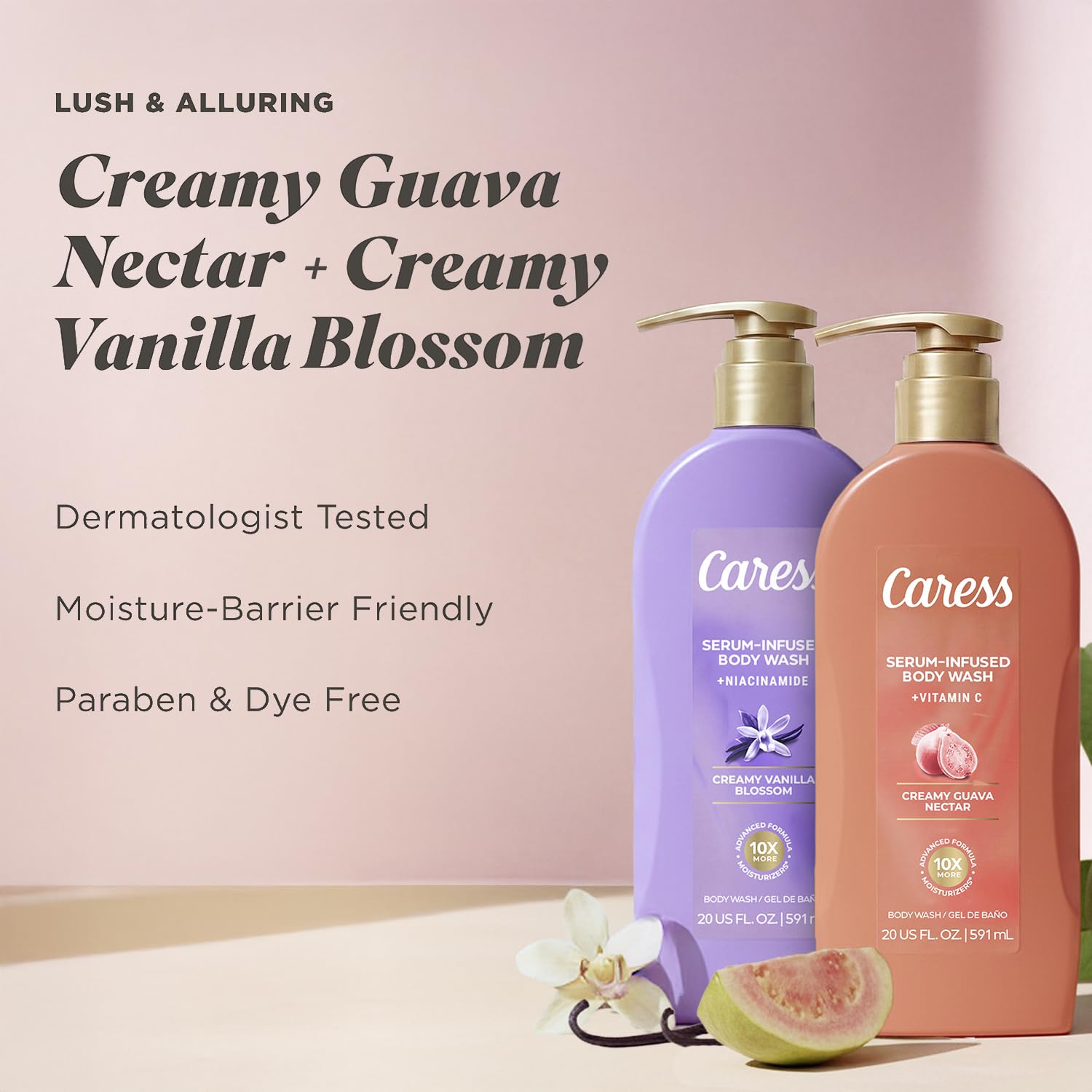 Caress Body Wash Creamy Vanilla Blossom & Creamy Guava Nectar Variety 2-Pack – Moisturizing Body Washes with Long-Lasting Fragrances, Self-Care Gifts for Women, 20 Oz Ea