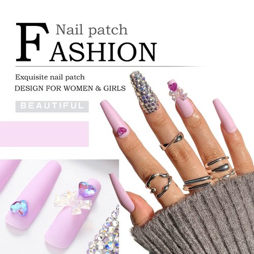 Aksod Glossy Purple Press on Nails Long Coffin Fake Nails Glitter Crystal Rhinestone Ballerina False Nails Full Cover Acrylic Nails Sets for Women and Girls 24Pcs (C)