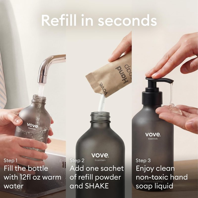 Vove Hand Soap Starter Set with Refillable Dark Glass Pump Bottle & 3 Refills, Mandarin Geranium & Cedarwood, Powder-to-Gel with Aloe Vera & Cactus Extract, Plant-Based Formula, Plastic-Free