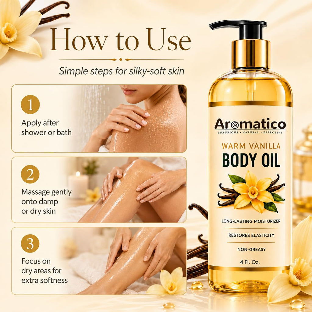 Aromatico Warm Vanilla Mini Body Oil for Women | Moisturizing After Shower Body Oil for Daily Use | Cozy, Creamy Vanilla Scent - 4 fl oz