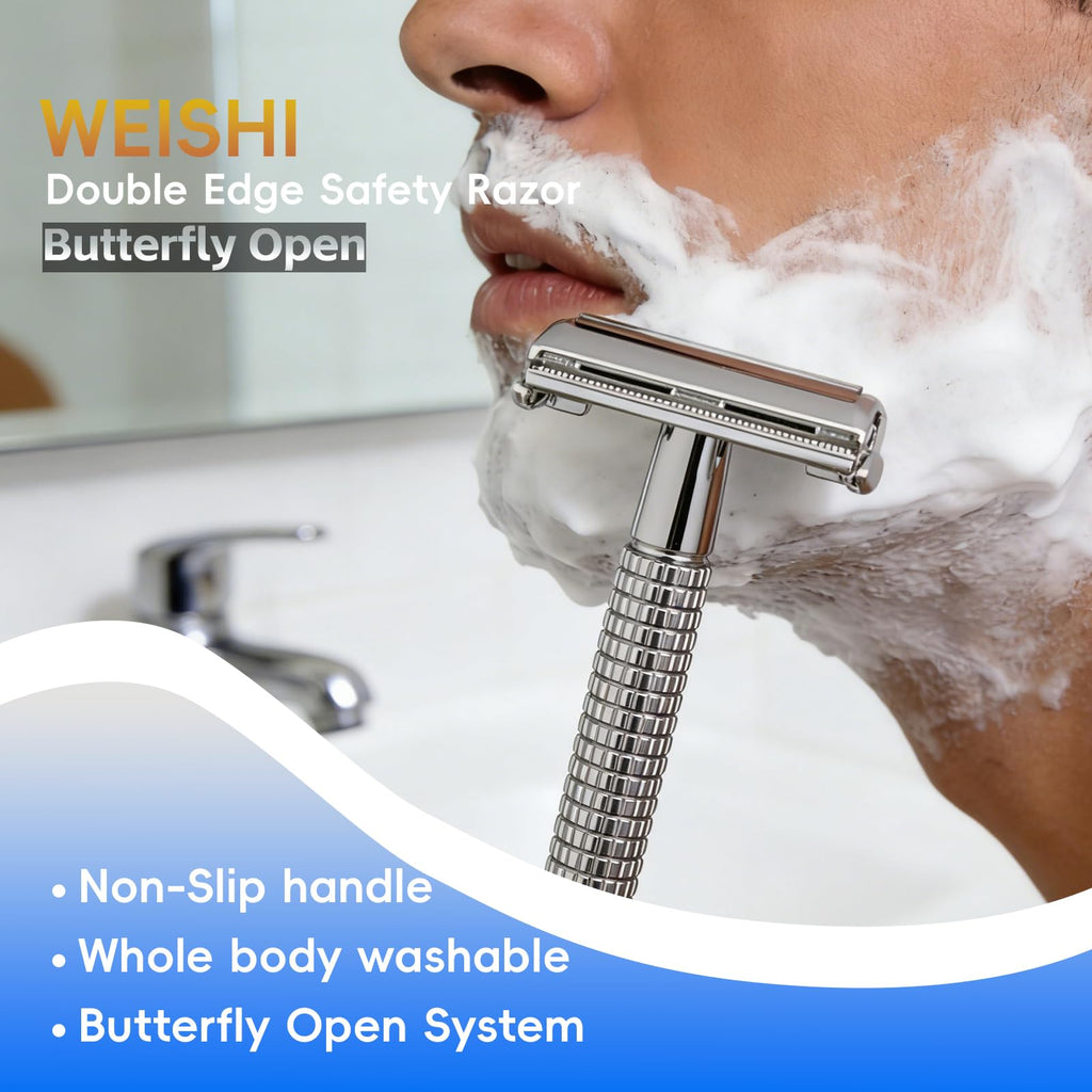 WEISHI Butterfly Open Double Edge Safety Razor for Men, Chrome Long Handle with 5 Stainless Razor Blades Included, Reusable Wet Shave Tool for Smooth, Close Shave