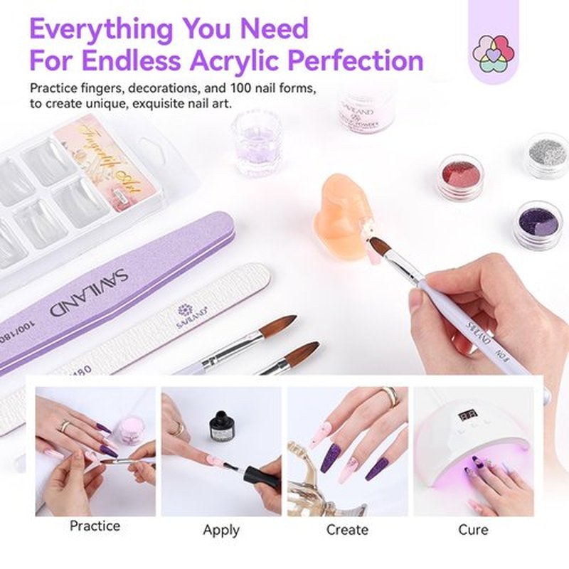 SAVILAND Essentials All-In-1 Acrylic Nail Kit with Drill: Nourishing Nail Kit for Beginners with Everything Clear White Pink Acrylic Powder Liquid Set 88W Nail Lamp Gel Nail Polish For Home DIY