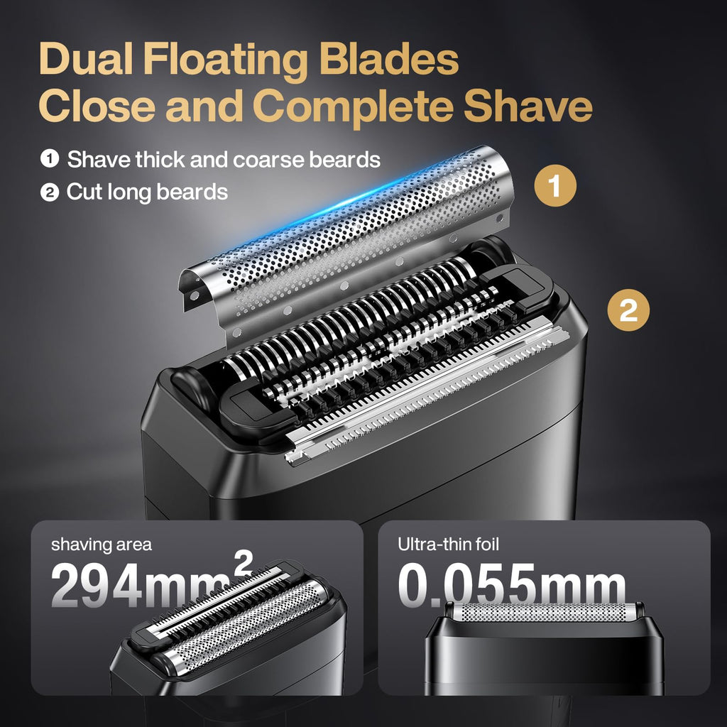 Electric Razor for Men, Foil Shaver and Beard Trimmer | for Dry and Wet,Battery LED Display USB-C Fast Charge, IPX7 Waterproof Portable Travel Shaver