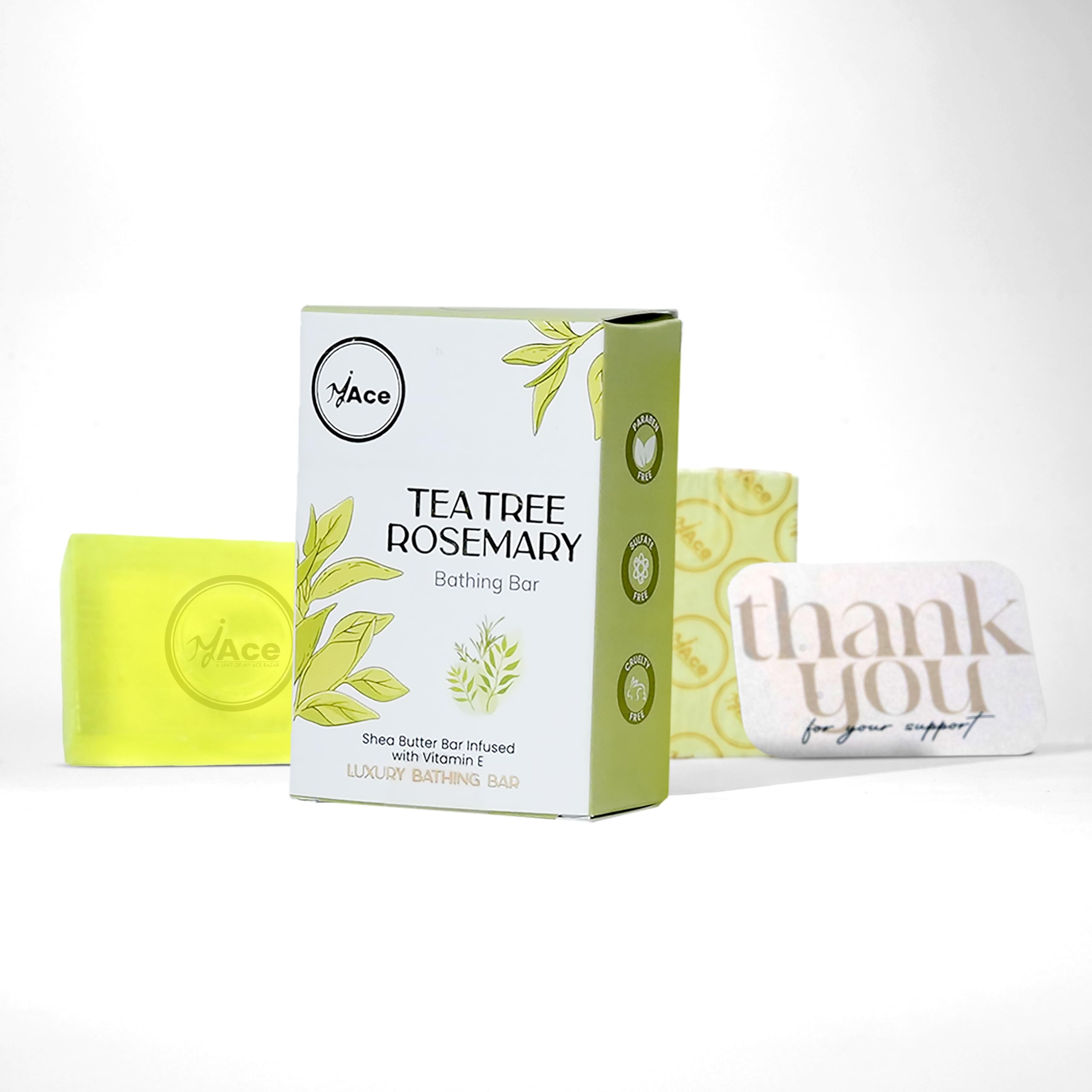 MY ACE Tea Tree & Rosemary Bathing Bar Soap for Men & Women - Handmade with Essential Oil, Coconut Oil, Shea Butter & Vitamin E for Skin Cleansing, Moisturizing - SLES Free - For Face, Hair, Body Wash