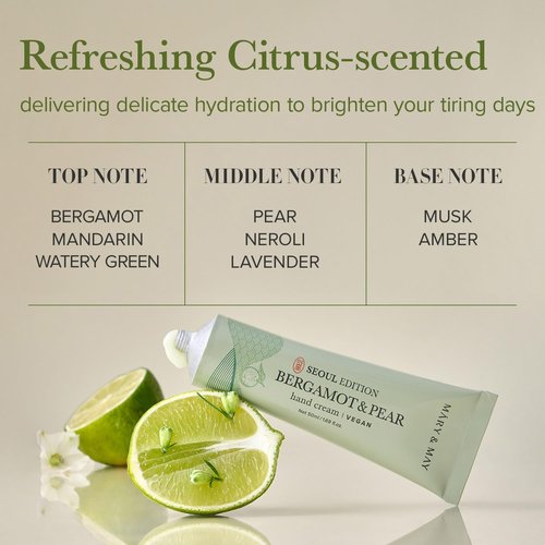 Mary&May SEOUL EDITION Bergamot & Pear Refreshing Hand Cream - Korean Moisturizing Vegan Hand Moisturizer - Refreshing Citrus Scent - Non Greasy Light Gel Cream Texture, 1.69oz.
