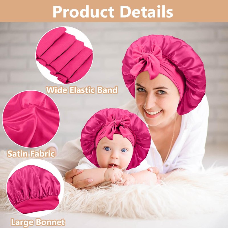 UHBYJM 2 PCS Mommy and Me Bonnet Set, Silk and Satin Bonnets for Sleeping with Elastic Tie Band, Adjustable Hair Bonnets for Women, Girls, Kids and Toddlers (Rose Red)
