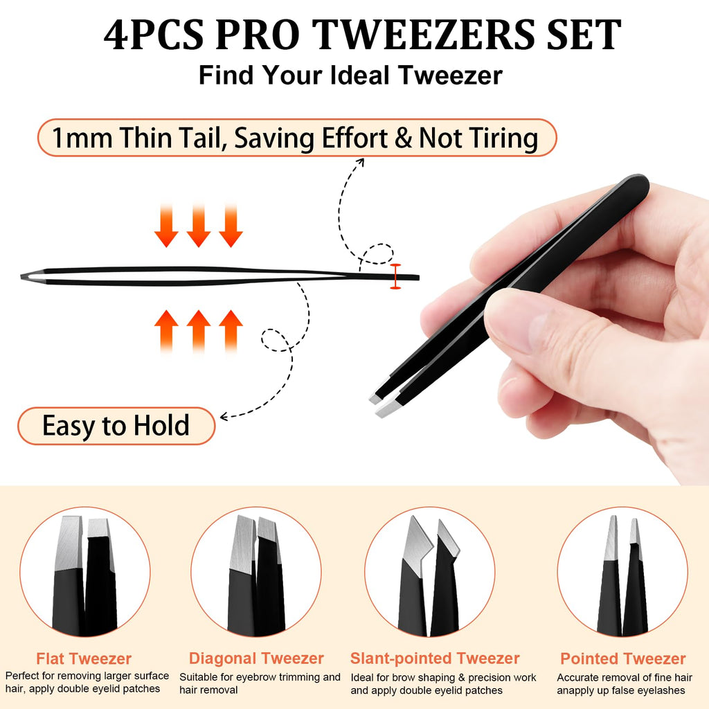 Tweezers Set and Nail Clippers 8Pcs Precision No Gaps Eyebrow Tweezer Kit for Facial Hair Men & Women Travel Tweezers with Leather Case (Black/Red)