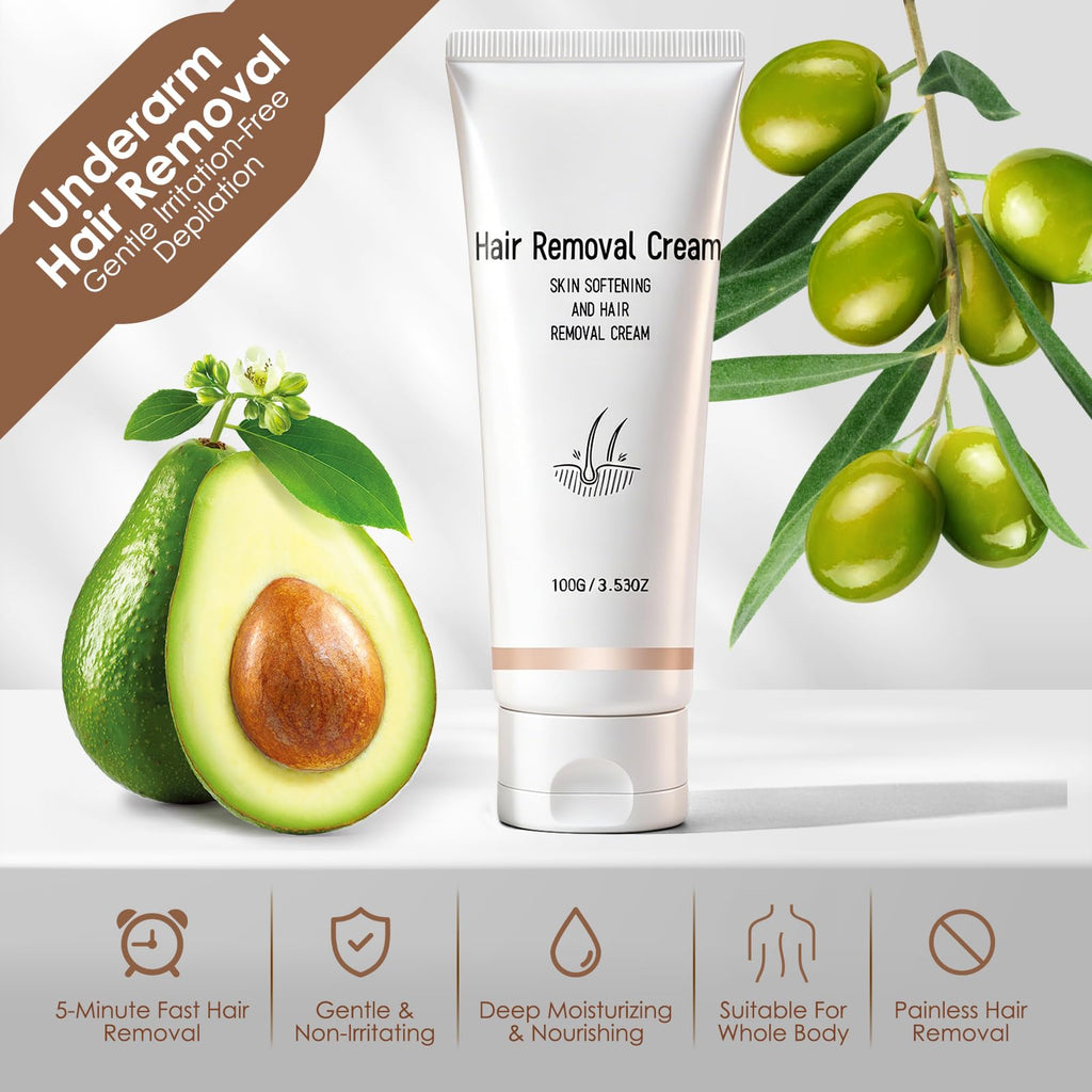 Body Hair Removal Cream for Women - Fast 5-10 Min Painless Depilatory Cream for Sensitive Skin, Moisturizing with Olive & Avocado Oil, Gentle for Underarm Leg Bikini Full Body Hair Removal 3.53oz.