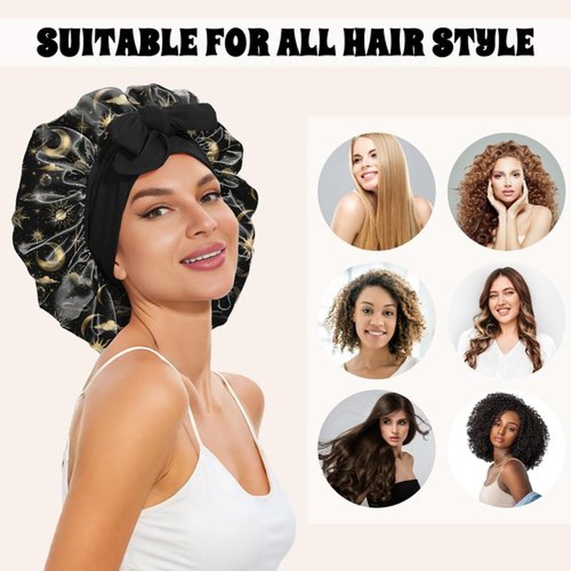 Deokke Satin Hair Braid Bonnet for Sleeping Double Layer Elastic Wide Soft Tie Band Sleeping Hair Silk Lined Sleep Cap for Women Girls-Sun Moon