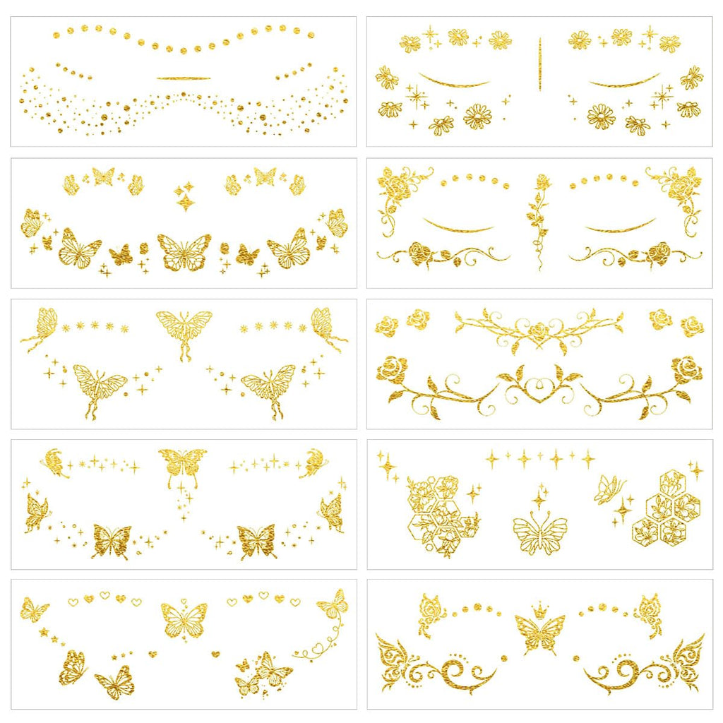 VIWIEU Glitter Butterfly Rose Face Tattoos Temporary for Women and Girls 10 Sheets, Gold Metallic Face Eye Makeup Stickers for Fairy, Princess, Halloween Costume, Christmas, NYE Festival Party Favors