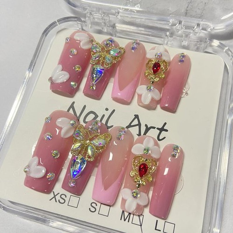 Handmade Press on Nails Flower Press on Nails Pink French False Nail 3D Rhinestones Butterfly Designs Long Coffin Fake Nails Full Cover False Nail Acrylic Nails for Women Art Manicure (Size M)