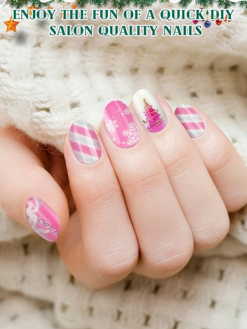 EBANKU 24PCS Christmas Semi Cured Gel Nail Strips, Tree Stickers Adhesive Pink Glitter UV Wraps Snowflake Polish Strips With File and Stick for Holiday Manicure