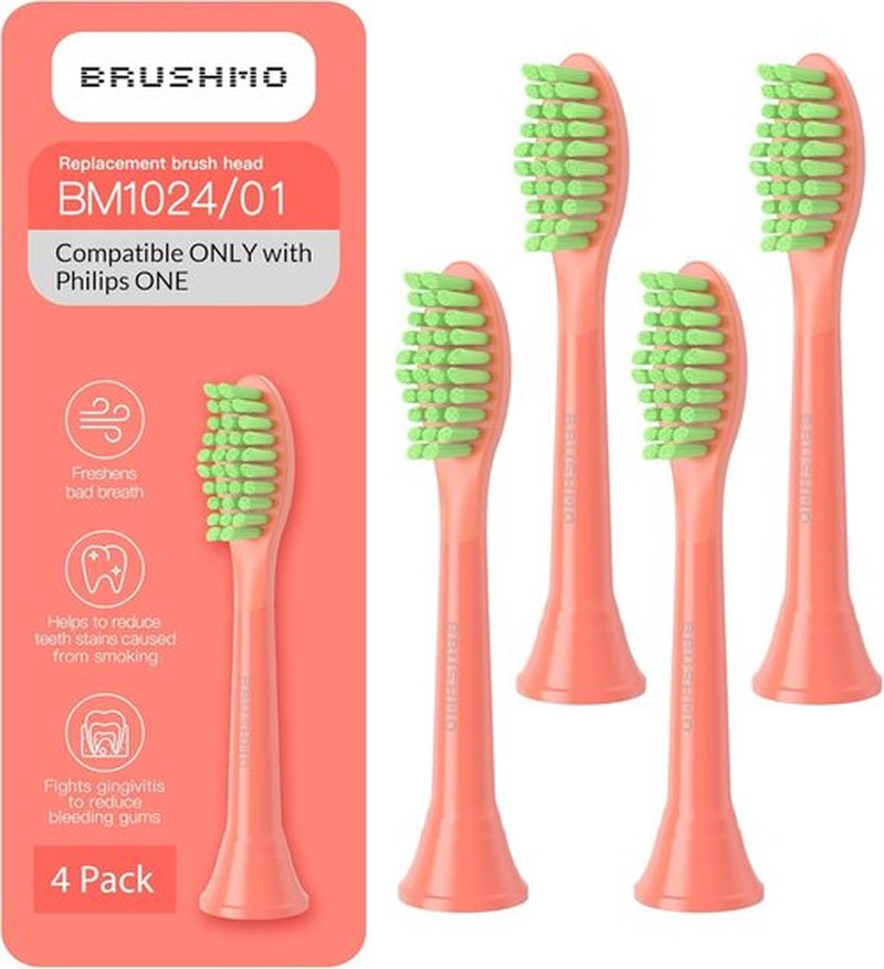 Brushmo Replacement Toothbrush Heads - Compatible with Philips One Sonicare | 4 Soft Dupont Bristle Heads in Miami Coral