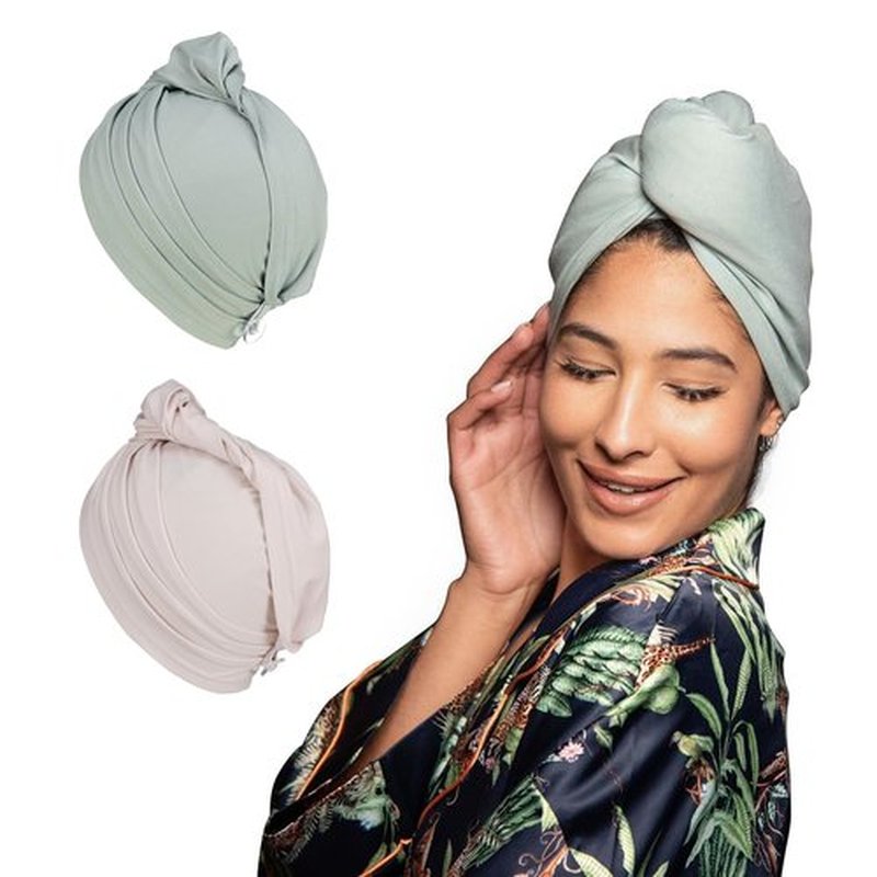 KISMETICS - 2 PCS Tee Shirt Drying Wrap, Frizz Free, Soft & Lightweight&Flexible, Hair Drying Turban, Gentle Drying Towel Wrap with Button, for Long Hair (Sage&Pink)