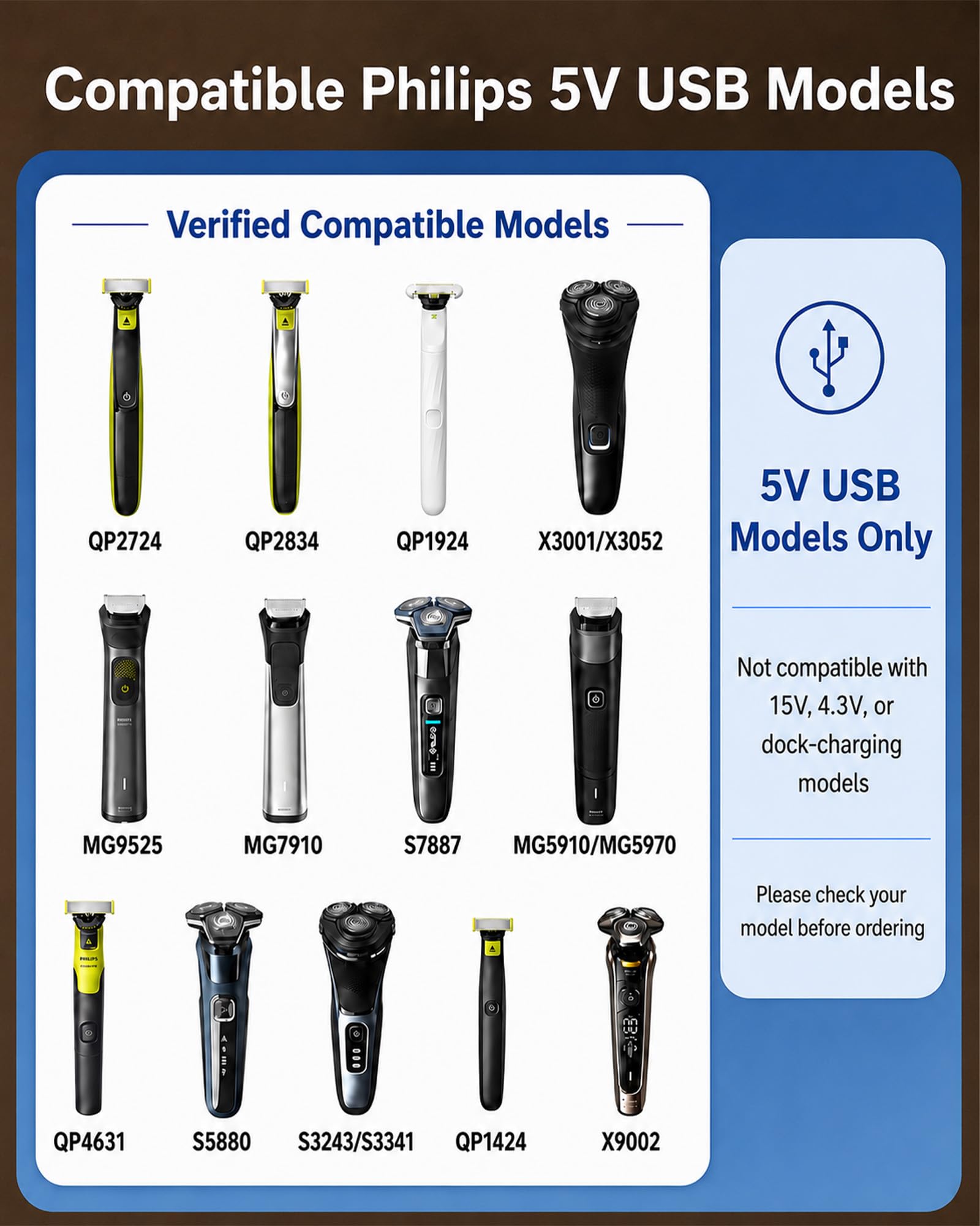 5V UL Charger for Philips Norelco OneBlade MG9525 MG9520 MG5910 QP1424 QP1624 MG5950 MG5940 MG5930 MG5920 BT3238 BT3234 PQ888 PQ889 QP1324 QP2724 X3001 QP2834, 360 Hybrid Face Shaver Cord