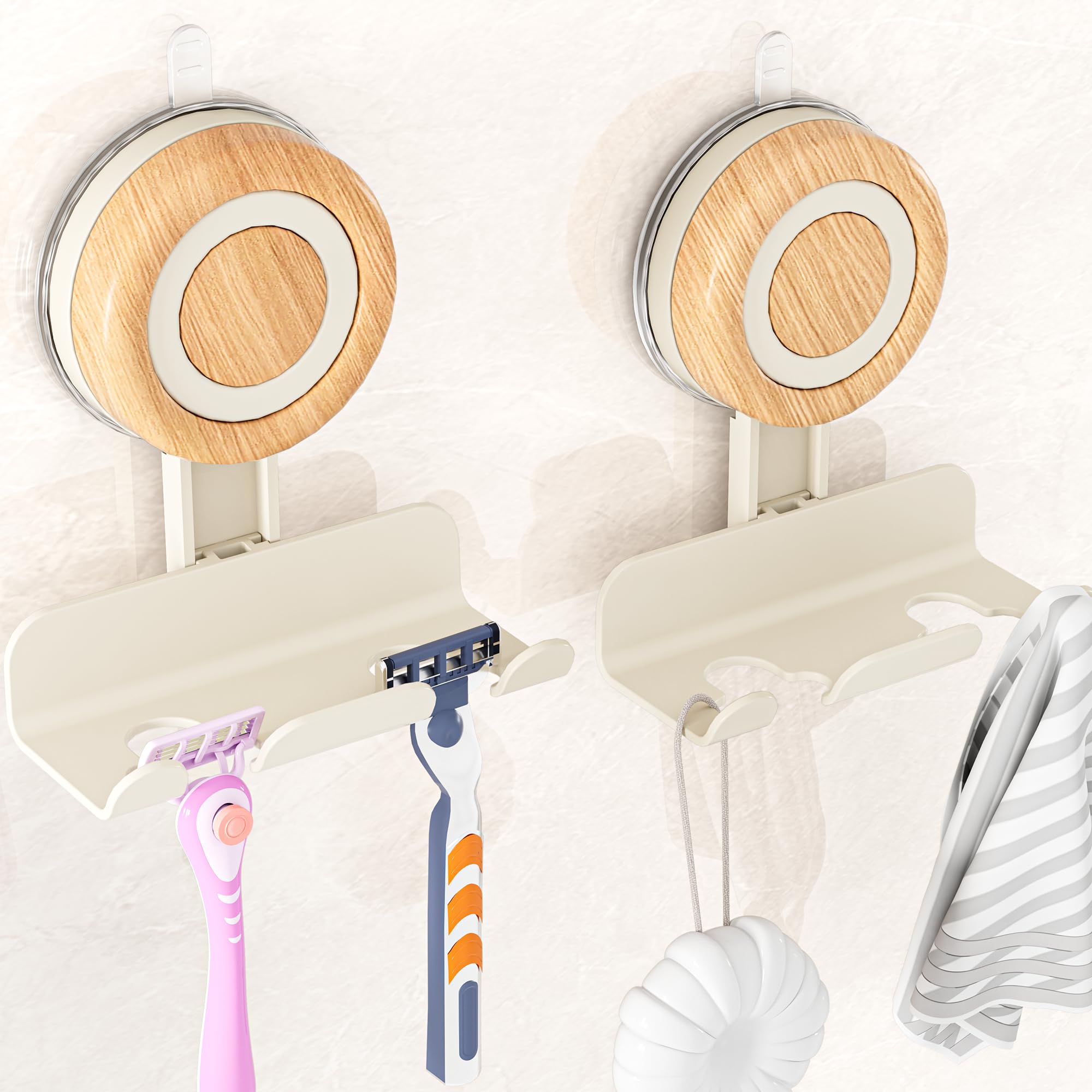 Cinola Razor Holder for Shower 2 Pack, Suction Cup Shaver Holder for Wall, Removable&Reusable Suction Cup Hooks for Bathroom, Damage-Free Suction Shower Hooks, Wall Mounted Razor Stand, Beige