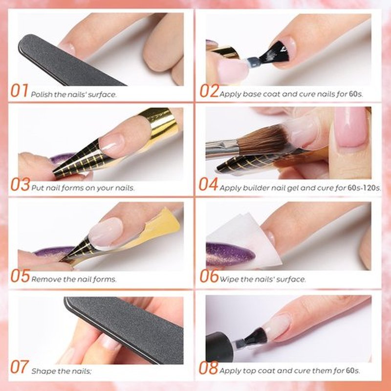 Modelones Builder Nail Gel Kit - Clear Extension Kit Hard Gel for Nails 2oz Strengthen Acrylic Manicure Art Set with 100PCS Dual Forms and Dual-use Acrylic Brush Professional DIY at Home