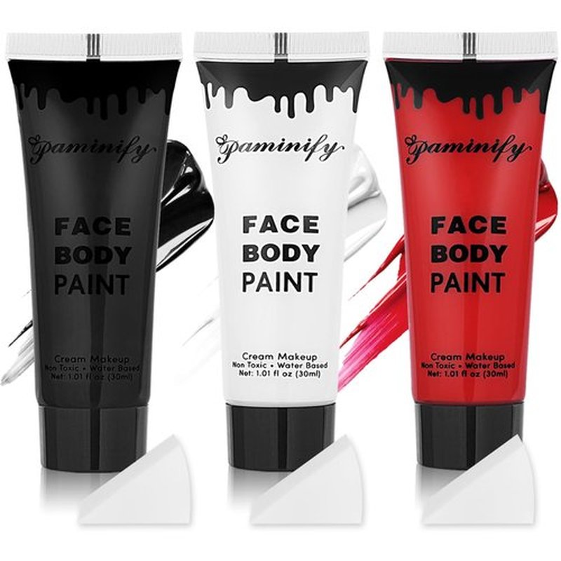 Paminify Black White Red Face Body Paint 1.01 oz/pc with 3 Sponges,Water Based Face Paint Kit for Clown Joker Devil Vampire Skeleton Cosplay Makeup,Halloween SFX Makeup Cream Face Painting,3.03 oz