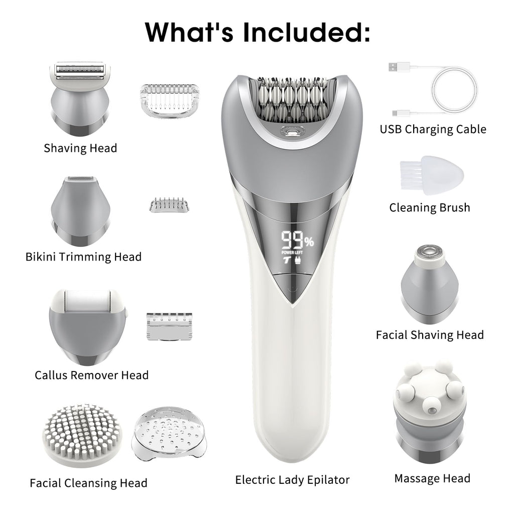 Qreeyx Epilator for Women, 7 in 1 Epilator Hair Removal for Women, Shaver, Bikini, Face Razor, Facial Brush, Face Massage and Body Exfoliator, IPX6 Waterproof Painless Lady Shaver Wet & Dry (White)