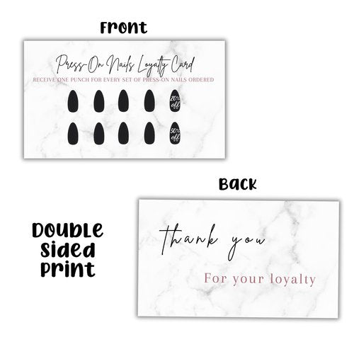 Boutique Marketing LLC Press-On Nail Loyalty Discount Cards | 50 Pack | 2x3.5 Inch inch Business Card Size | DIY Press-On Nail Kit | Marble Look with Black Nail Design,marble,black,white