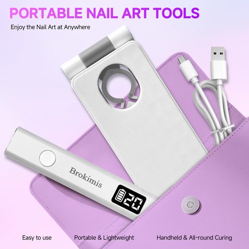 Brokimis Handheld UV Light for Gel Nails with Stand, Mini Nail Lamp with LCD Display 3-Timer Modes Portable Cordless Rechargeable USB Small Nail Dryer for Fast Curing Home DIY Manicure Nail Art