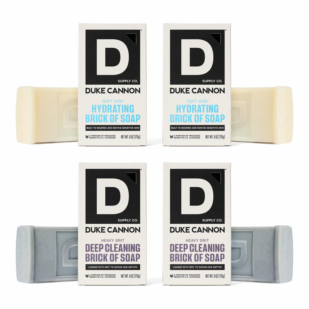 Duke Cannon Brick of Soap Variety Pack – 4 Bars (2 Soft Side Hydrating + 2 Heavy Grit Deep Cleaning), Large 10 oz Triple Milled Men’s Bar Soap Set