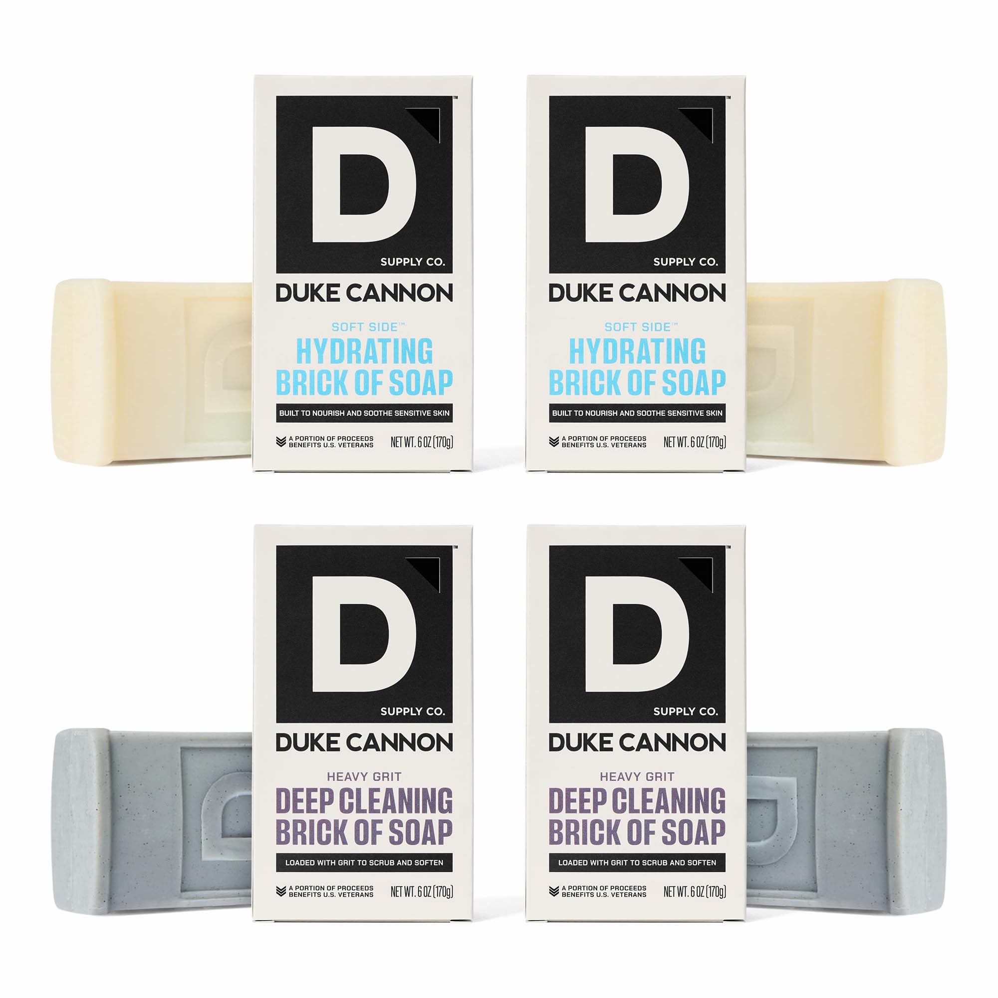 Duke Cannon Brick of Soap Variety Pack – 4 Bars (2 Soft Side Hydrating + 2 Heavy Grit Deep Cleaning), Large 10 oz Triple Milled Men’s Bar Soap Set