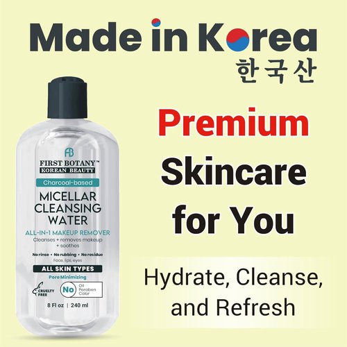Skiennix Korean Micellar Water Makeup Remover - Charcoal Hydrating Toner & Cleanser, 8 oz