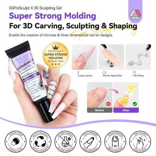 SAVILAND SSPro X 3D Nail Gel Kit: 15g No Wipe Clear 3D Sculpting Gel for Nail Art Design Molding Carving Drawing Sculpture and Decoration with Chrome Powder Silicone 3D Molds Home Salon DIY Nail Art