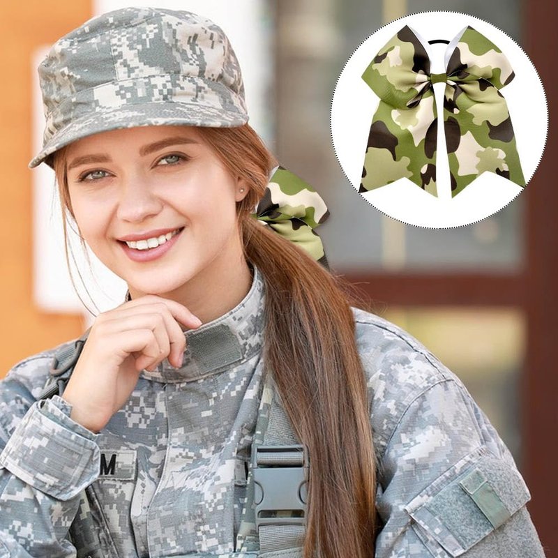 Umibow 12 Pcs Camouflage Hair Bow Ties 7 Inch Camo Cheer Hair Bow Elastic Ponytail Holder Military Camo Ribbon Hair Band for Veterans Day Retirement Party(Army Green)