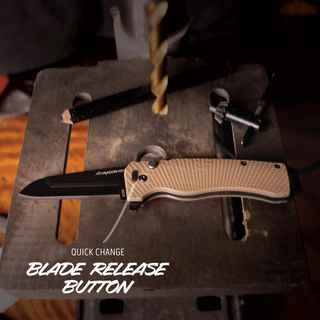 OUTDOOR EDGE Razor XD1 Folding Knife – Heavy-Duty 3" Replaceable Blade, Tan Handle with Pry Bar & Bottle Opener – Includes 2 Black Sheepsfoot Blades & 1 Utility Blade