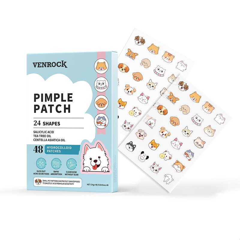 VENROCK Pimple Patches for face,24 Cute Pet Shapes 48 Count Hydrocolloid Acne Treatment for Covering Zits & Blemishes Spot for Kids & Adults, with Salicylic Acid, Tea Tree Oil, Centella Asiatica Oil