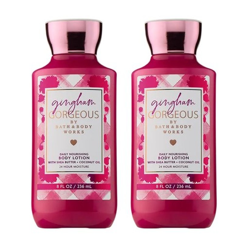 Bath & Body Works Gingham Gorgeous Body Lotion, Lightweight Daily Moisturizer with Shea Butter & Coconut Oil – Pink Strawberries, Peony Blooms, and Peach Nectar Scent, 8 fl oz - 2 Pack