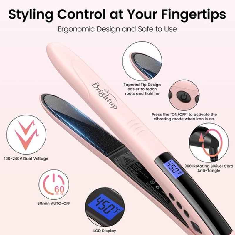 Brightup 2-in-1 Hair Straightener & Curler with 1" Vibrating Plates, Tourmaline Ceramic for Less Frizz & Shiny Smooth Hair, 20S Fast Heating, 10 Temp Settings & Auto Shut Off, Dual Voltage