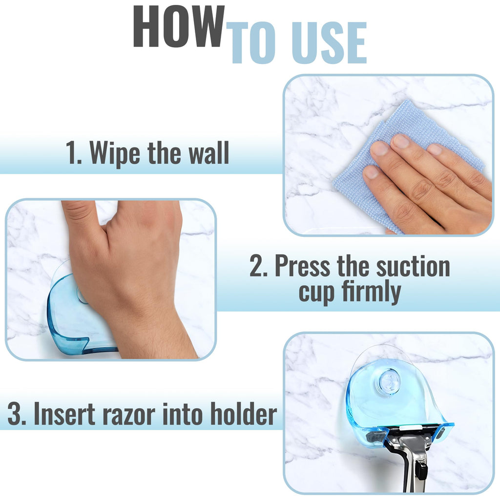 2 Pack Suction Cup Razor Holder for Shower Wall Accessories – No-Drill Shower Razor Holder Suction Caddies – Waterproof & Reusable Bathroom Shaver Storage Cup for Men & Women | Easy to Install