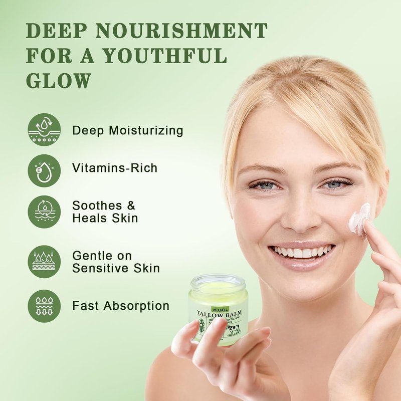 WEILNELL Beef Tallow and Honey Balm for Skin - All-Natural Moisturizer Hydrates and Nourishes the Skin, Grass-Fed Beef Tallow & Honey Balm Blend, Deeply Moisturizing for Face & Body Natural Skin Care