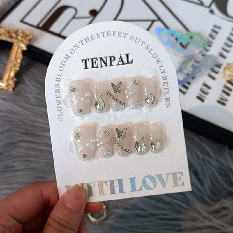 TENPAL Starry Gradient White Coffin Nails,10Pcs Handmade Press on Nails with Kit,3D Ribbon Butterflies & Pearls Glue on Nails,Sultry Minimalist Sparkle Fake Nails Set, Reusable iridescent Nails(XS)