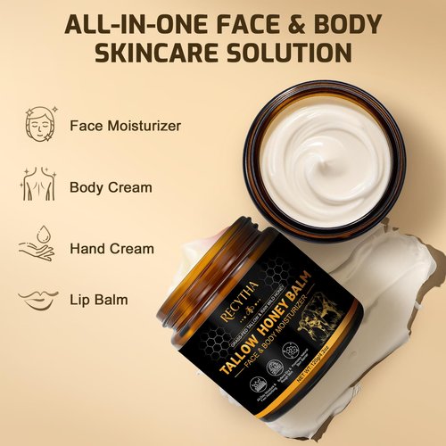 Beef Tallow for Skin, Tallow and Honey Balm, 100% Organic Grass-Fed Beef Tallow Face Moisturizer with Raw Honey & Jojoba Oil, Whipped Tallow Balm for Face Body Deep Nourish Soothe Dry, Sensitive Skin