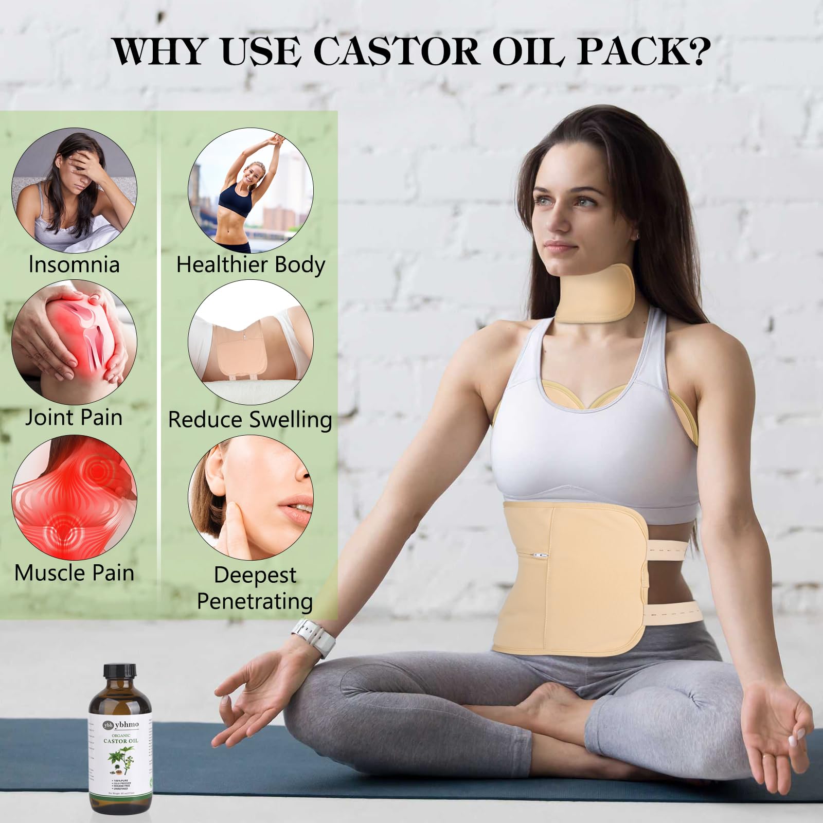Organic Castor Oil Cold Pressed Glass Bottle((8fl.oz/237ml), Castor Oil Pack Wrap Organic Cotton Reusable for Neck, Chest & Abdomen