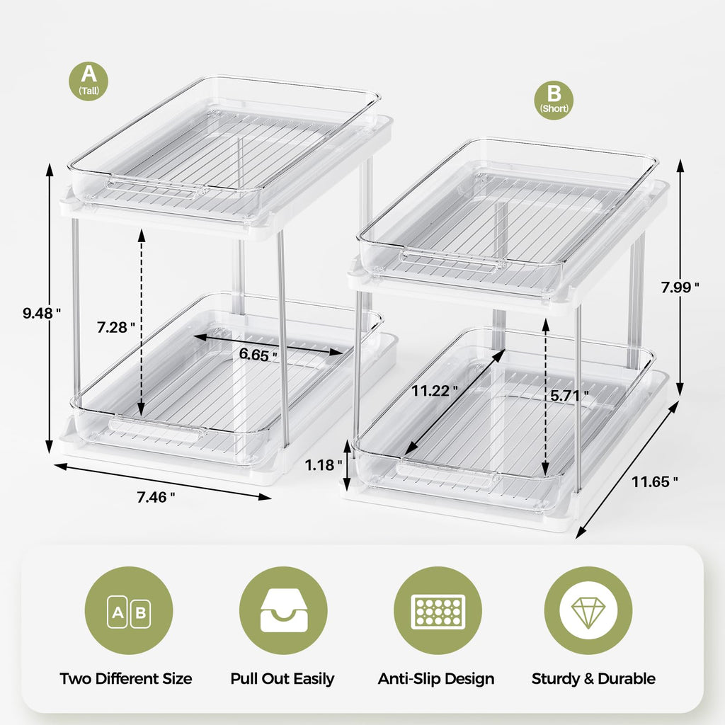 Delamu 2-Tier Bathroom Under Sink Organizers and Storage, Pull Out Cabinet Drawers with Anti-Slip Design, Multi-Purpose Storage for Kitchen, Pantry, Bathroom & Home Organization, White, 2 Pack