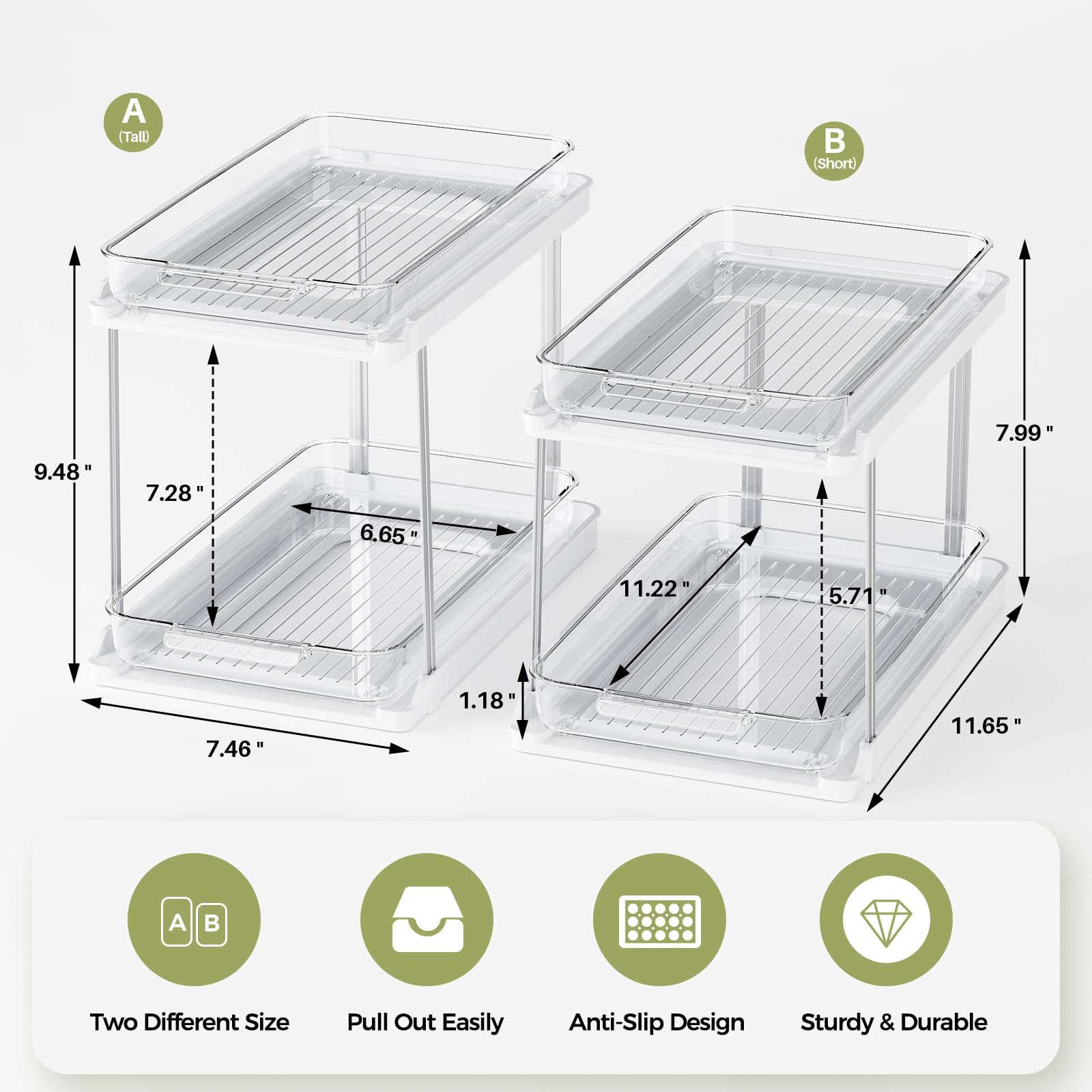 Delamu 2-Tier Bathroom Under Sink Organizers and Storage, Pull Out Cabinet Drawers with Anti-Slip Design, Multi-Purpose Storage for Kitchen, Pantry, Bathroom & Home Organization, White, 2 Pack